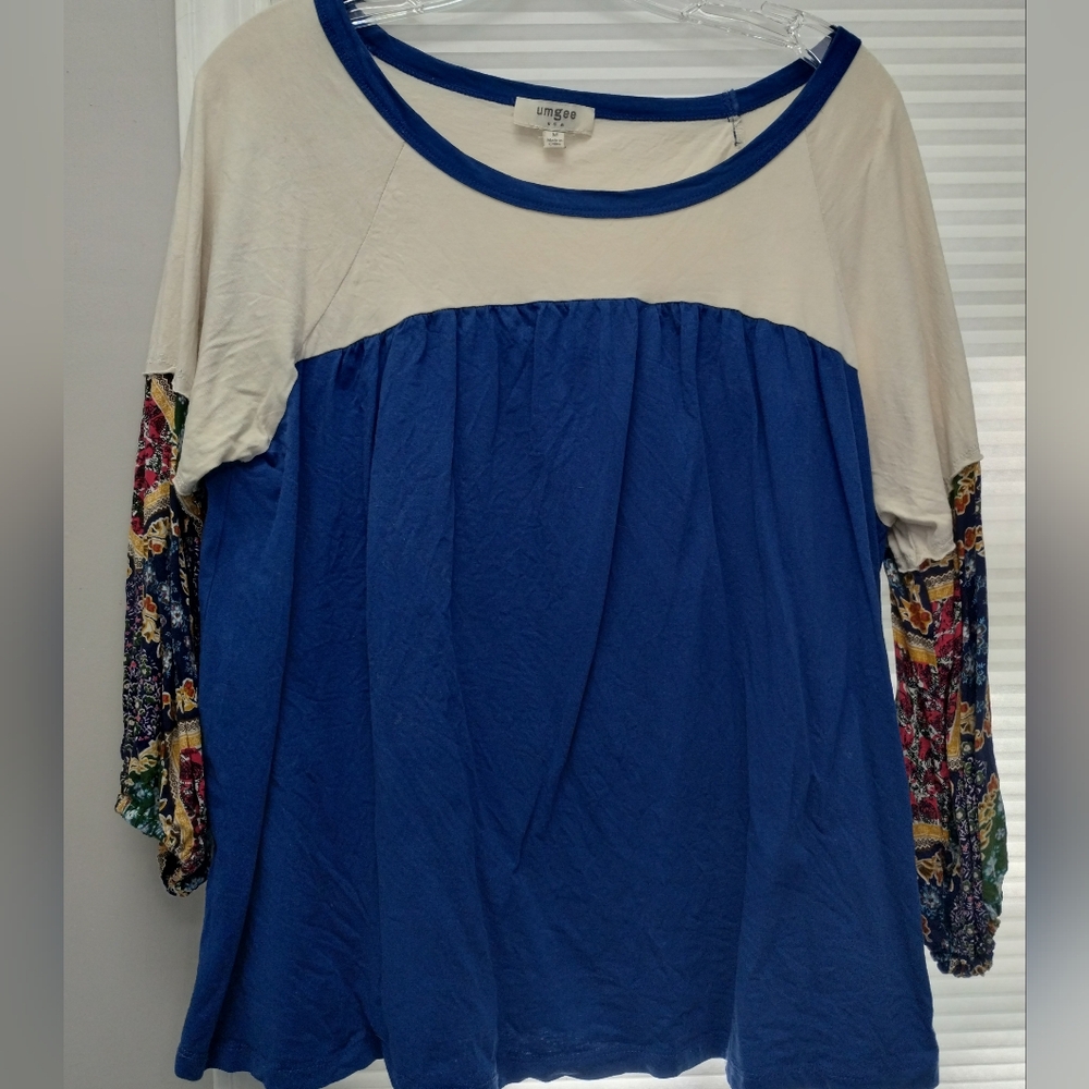 Umgee Scoop Neck Patchwork Shirt- M